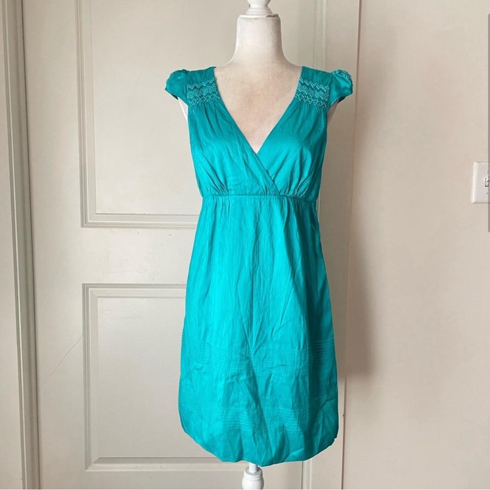Calypso St Barth Raw Silk V neck Empire Waist embroidered Nuella Dress Size 6